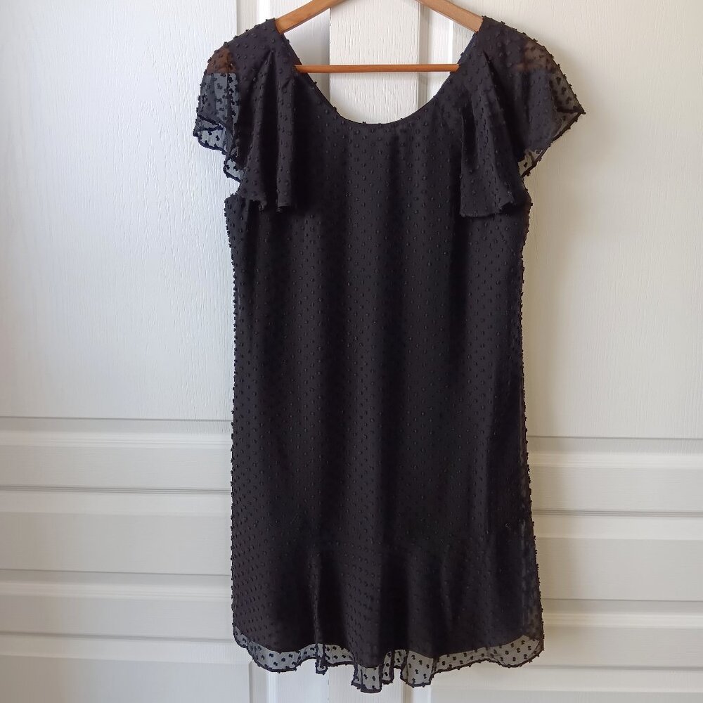 J. Crew Women's Black Silk/Cotton Swiss Dot Flutter Sleeve Flounce Dress Size 6